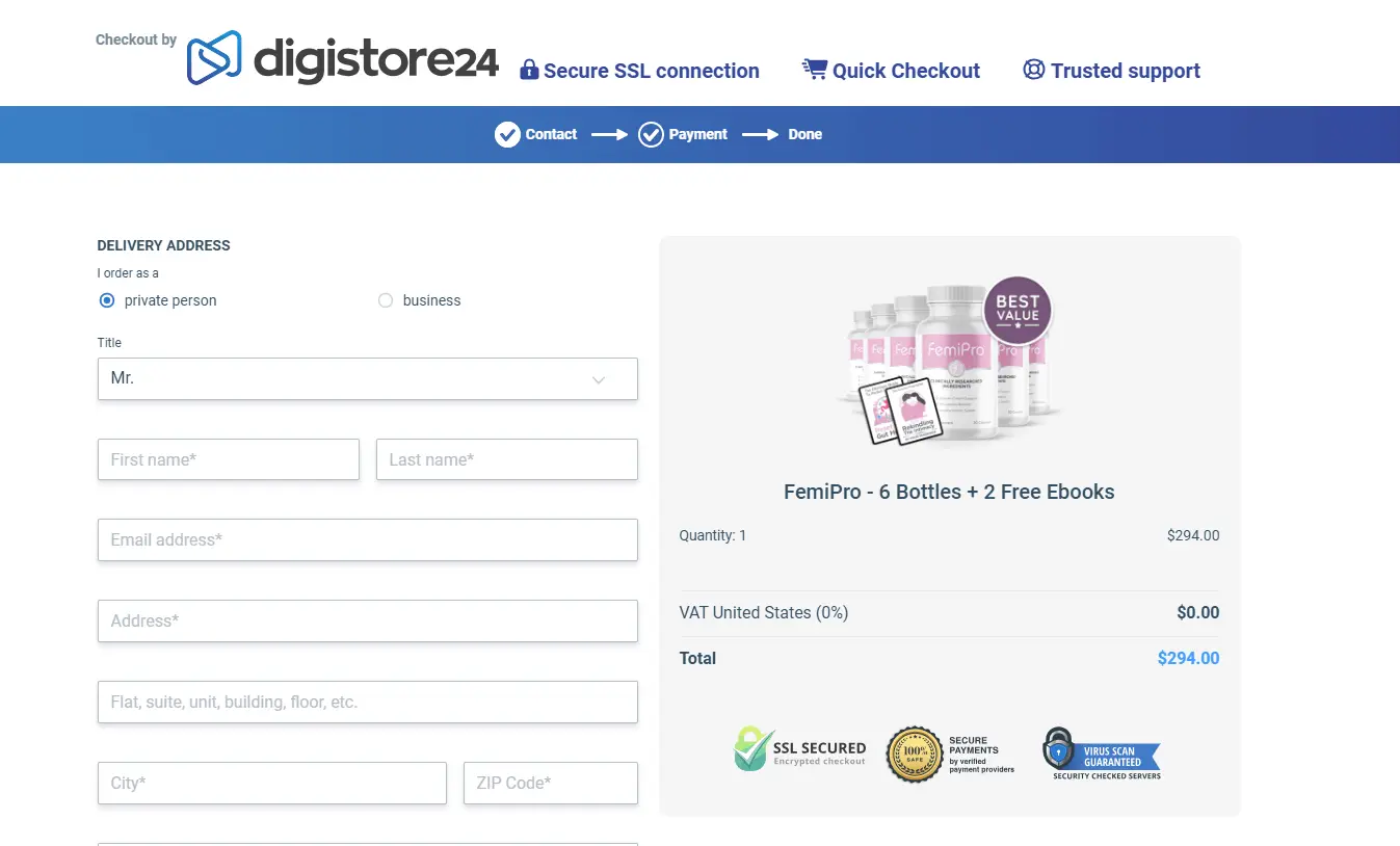 FemiPro - Order Page